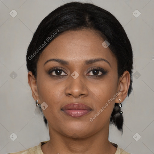 Joyful black young-adult female with medium  black hair and brown eyes