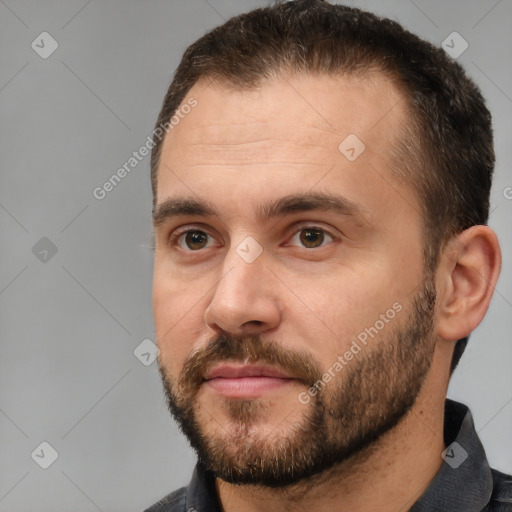 Neutral white adult male with short  brown hair and brown eyes