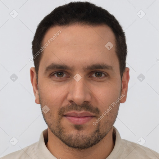 Joyful white young-adult male with short  brown hair and brown eyes