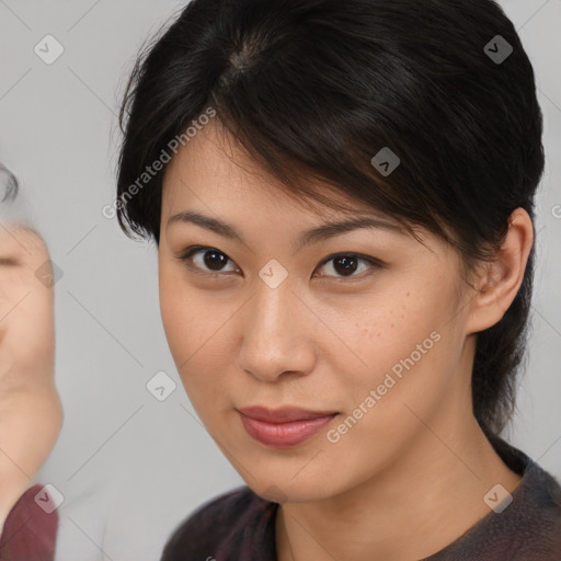 Neutral asian young-adult female with medium  brown hair and brown eyes