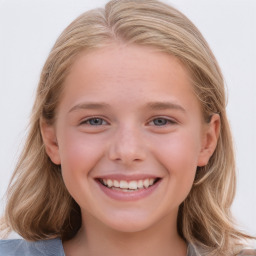 Joyful white child female with medium  brown hair and blue eyes