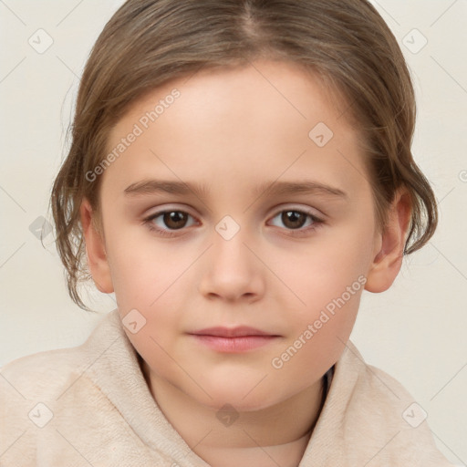 Joyful white child female with medium  brown hair and brown eyes