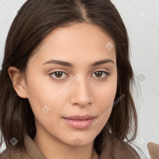 Neutral white young-adult female with medium  brown hair and brown eyes