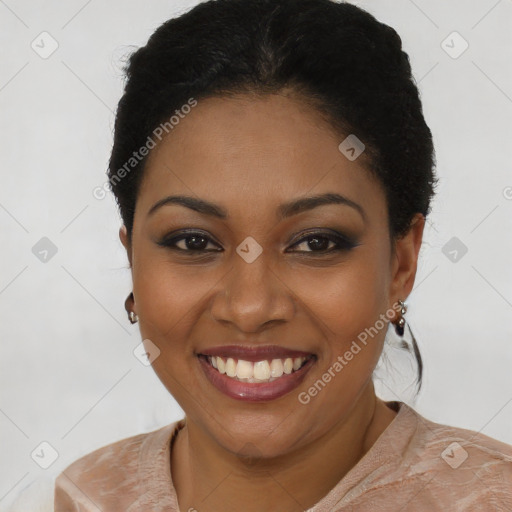 Joyful latino young-adult female with short  black hair and brown eyes