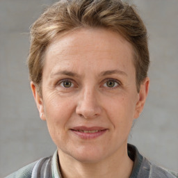 Joyful white adult female with short  brown hair and grey eyes