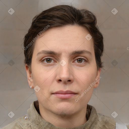 Neutral white young-adult female with short  brown hair and brown eyes