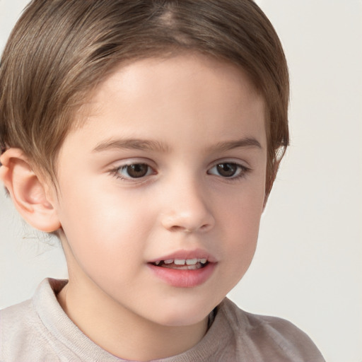 Joyful white child female with short  brown hair and brown eyes