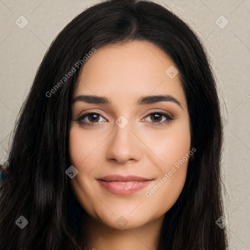 Joyful latino young-adult female with long  black hair and brown eyes