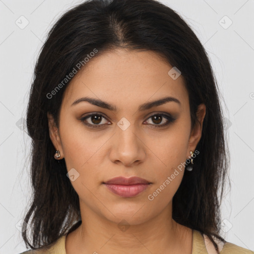 Neutral latino young-adult female with long  brown hair and brown eyes