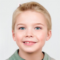 Joyful white child female with short  brown hair and blue eyes