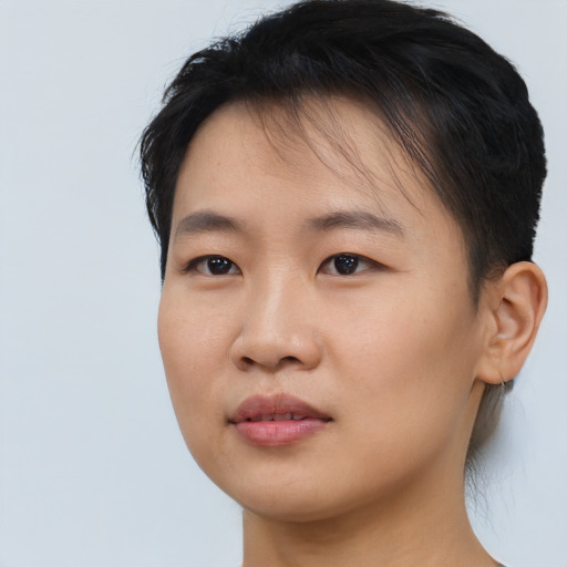 Neutral asian young-adult female with short  brown hair and brown eyes