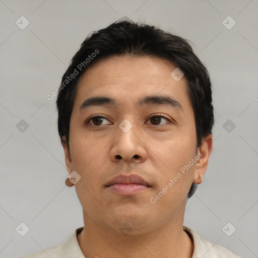 Neutral asian young-adult male with short  black hair and brown eyes