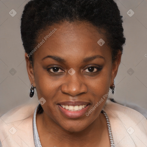 Joyful black young-adult female with short  brown hair and brown eyes