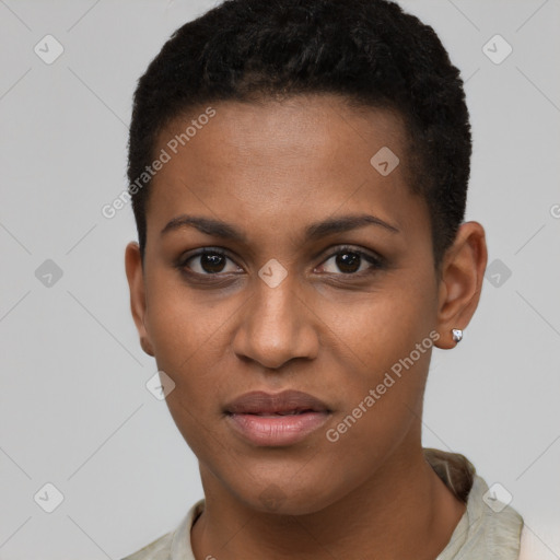 Joyful black young-adult female with short  brown hair and brown eyes