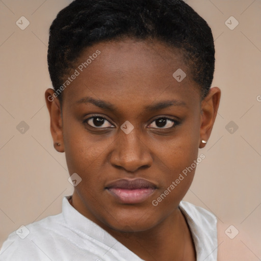 Joyful black young-adult female with short  brown hair and brown eyes