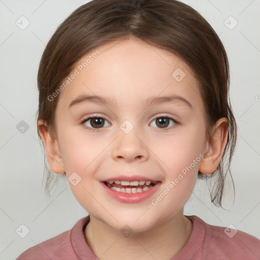 Joyful white child female with medium  brown hair and brown eyes