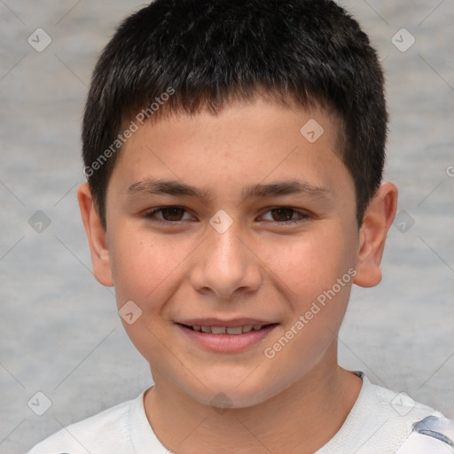 Joyful white child male with short  brown hair and brown eyes