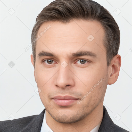 Neutral white young-adult male with short  brown hair and brown eyes