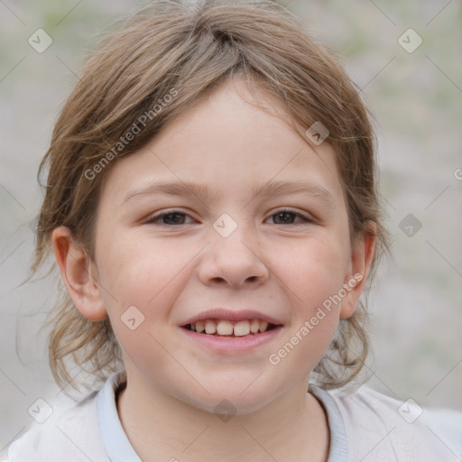 Joyful white child female with medium  brown hair and brown eyes