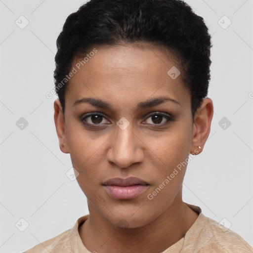 Joyful latino young-adult female with short  black hair and brown eyes