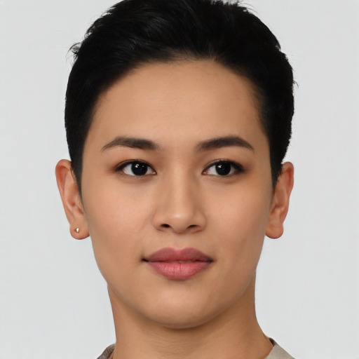 Neutral asian young-adult female with short  black hair and brown eyes