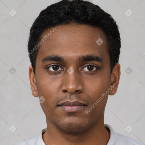 Neutral black young-adult male with short  black hair and brown eyes