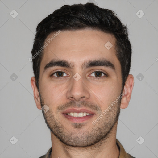 Joyful white young-adult male with short  brown hair and brown eyes