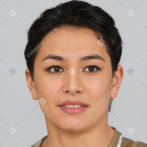 Joyful latino young-adult female with short  brown hair and brown eyes