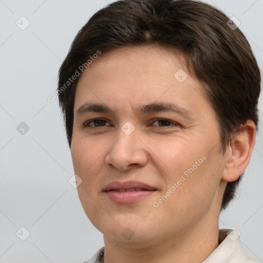 Joyful white young-adult female with short  brown hair and brown eyes