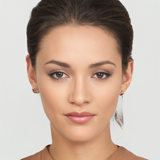 Neutral white young-adult female with medium  brown hair and brown eyes