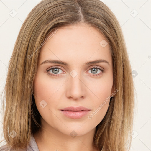 Neutral white young-adult female with long  brown hair and brown eyes