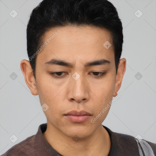 Neutral asian young-adult male with short  black hair and brown eyes