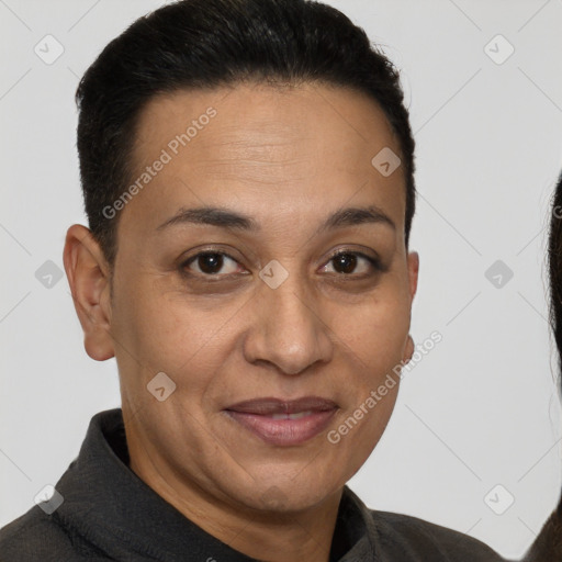 Joyful white adult female with short  brown hair and brown eyes