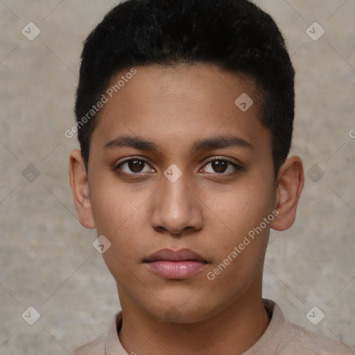 Neutral latino young-adult male with short  black hair and brown eyes