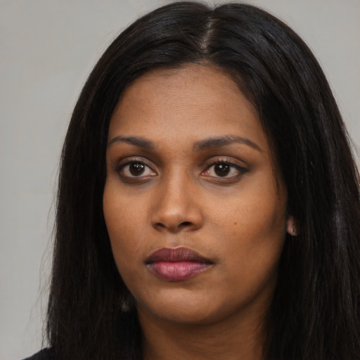 Neutral asian young-adult female with long  black hair and brown eyes