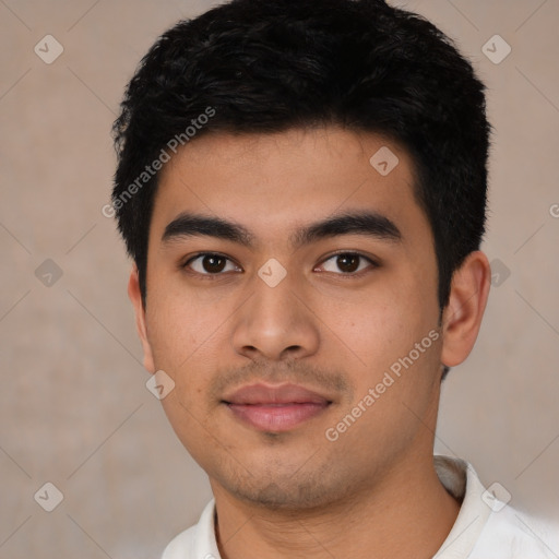 Neutral asian young-adult male with short  black hair and brown eyes