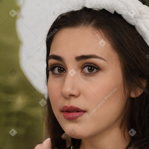 Neutral white young-adult female with medium  brown hair and brown eyes