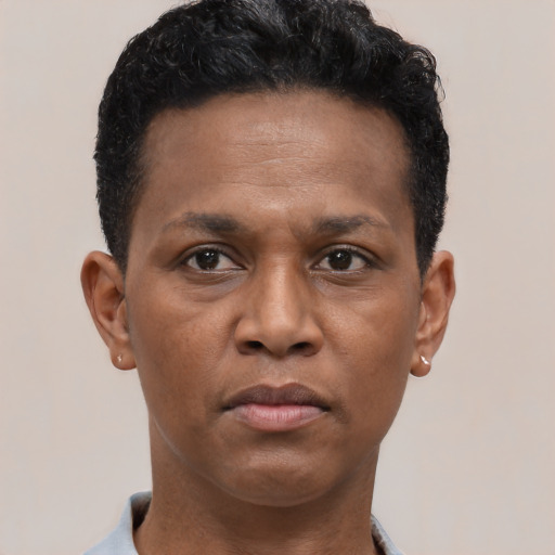 Neutral black adult male with short  black hair and brown eyes