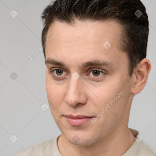 Joyful white young-adult male with short  brown hair and brown eyes