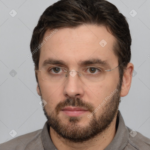 Neutral white adult male with short  brown hair and brown eyes