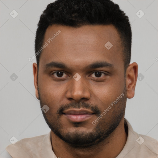 Neutral latino young-adult male with short  black hair and brown eyes