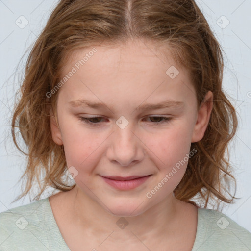 Joyful white child female with medium  brown hair and brown eyes