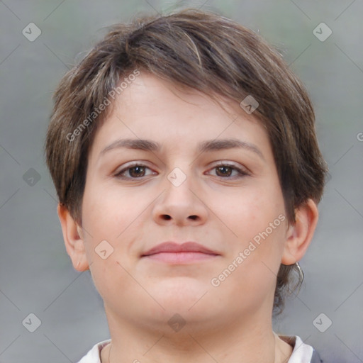 Neutral white young-adult female with short  brown hair and brown eyes