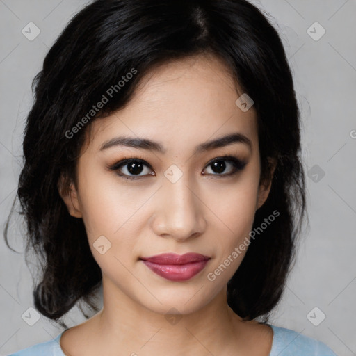 Joyful latino young-adult female with medium  black hair and brown eyes