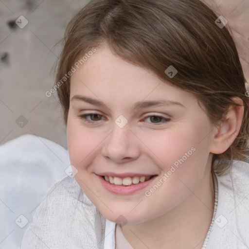 Joyful white child female with medium  brown hair and brown eyes