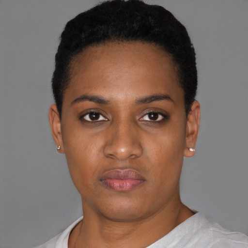 Neutral latino young-adult female with short  black hair and brown eyes