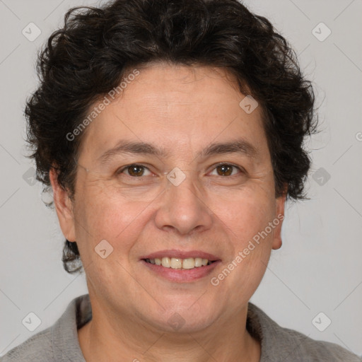 Joyful white adult female with short  brown hair and brown eyes