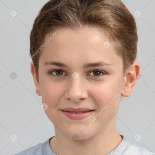 Joyful white child female with short  brown hair and brown eyes