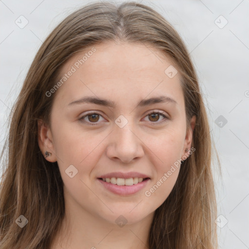 Joyful white young-adult female with long  brown hair and grey eyes