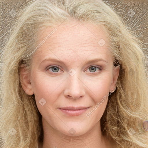 Joyful white adult female with long  brown hair and grey eyes